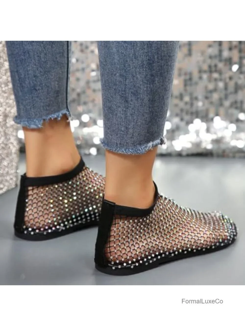 Breathable Mesh Rhinestone Flats Slip On Low Heel Sandals Women Fishnet